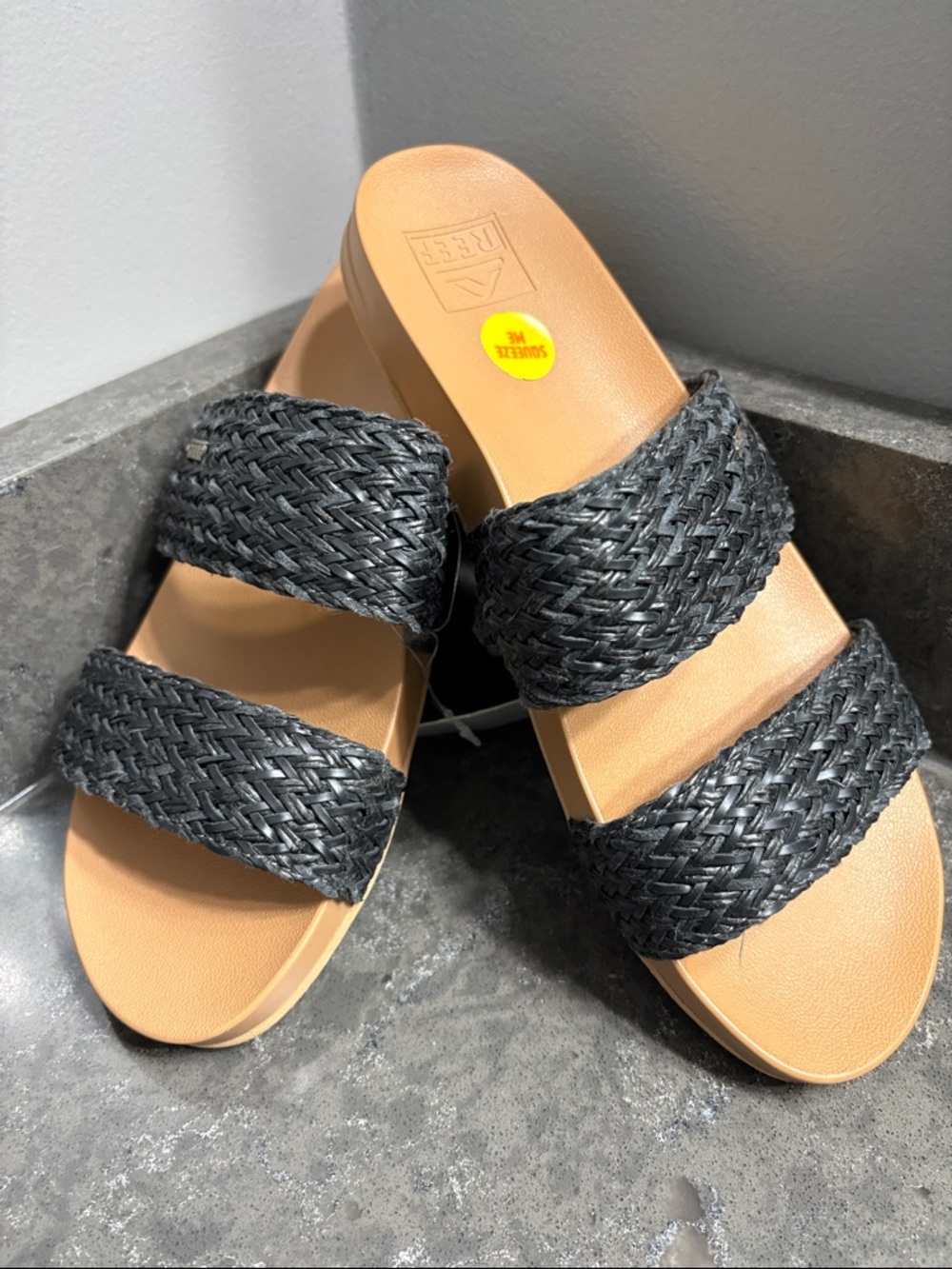 Reef Women's Black Woven Double-Strap Slide Sandals with Tan Footbed